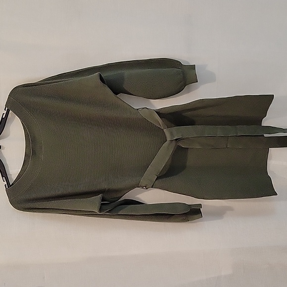 Women's Off Shoulder Sweater Dress Ribbed Tie Waist Short Bodycon Dress Green - Picture 4 of 9